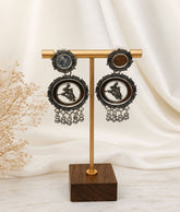 Oxidized Silver Lord Krishna Mirror Work Earrings