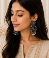 Oxidized Silver Lord Krishna Mirror Work Earrings