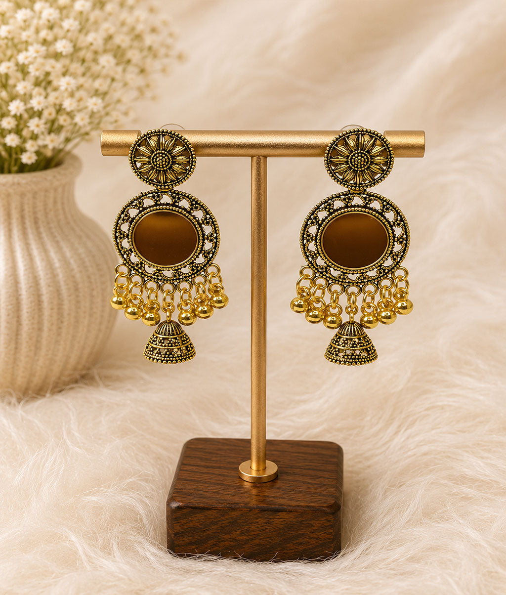 Antique Mirror Chandbali Jhumka Earrings