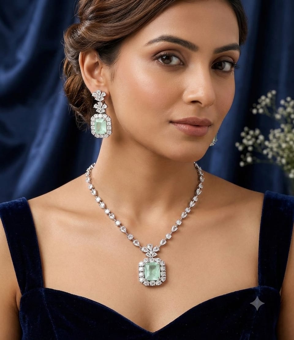 Emerald Glow American Diamond Necklace Set