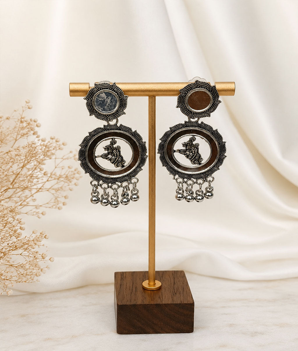 Oxidized Silver Lord Krishna Mirror Work Earrings