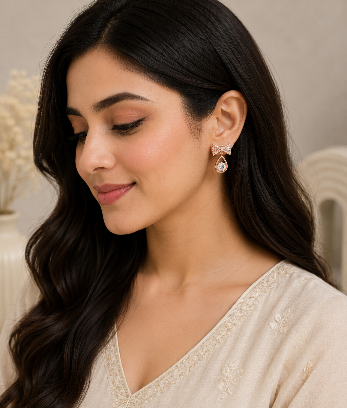 Rose Gold Bow Crystal Drop Earrings