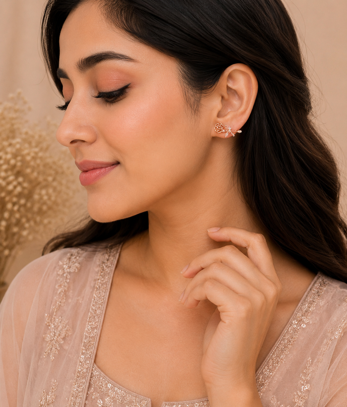 Rose and Leaf Stud Earrings