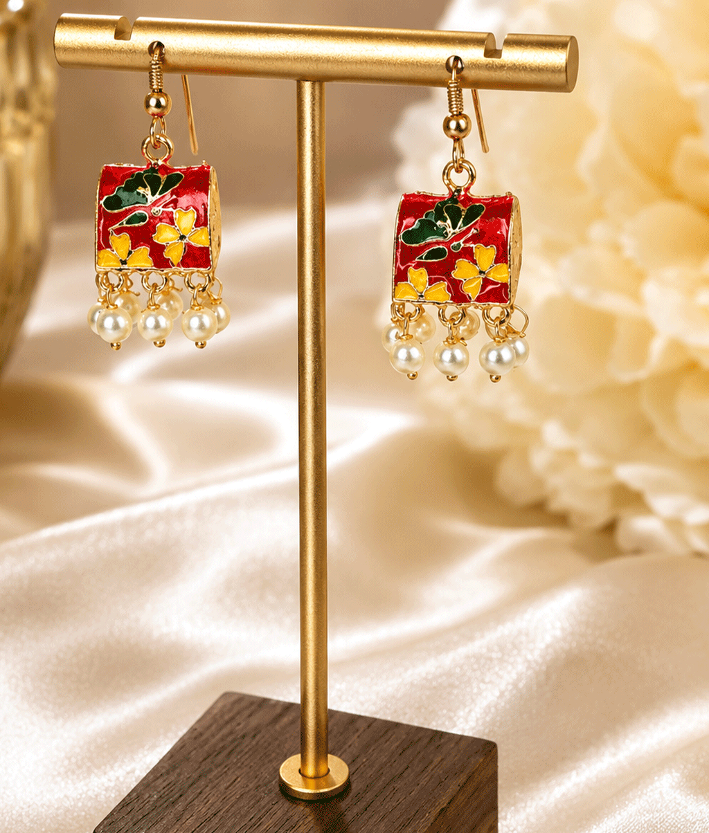 Red Blossom Pearl Charm Earrings