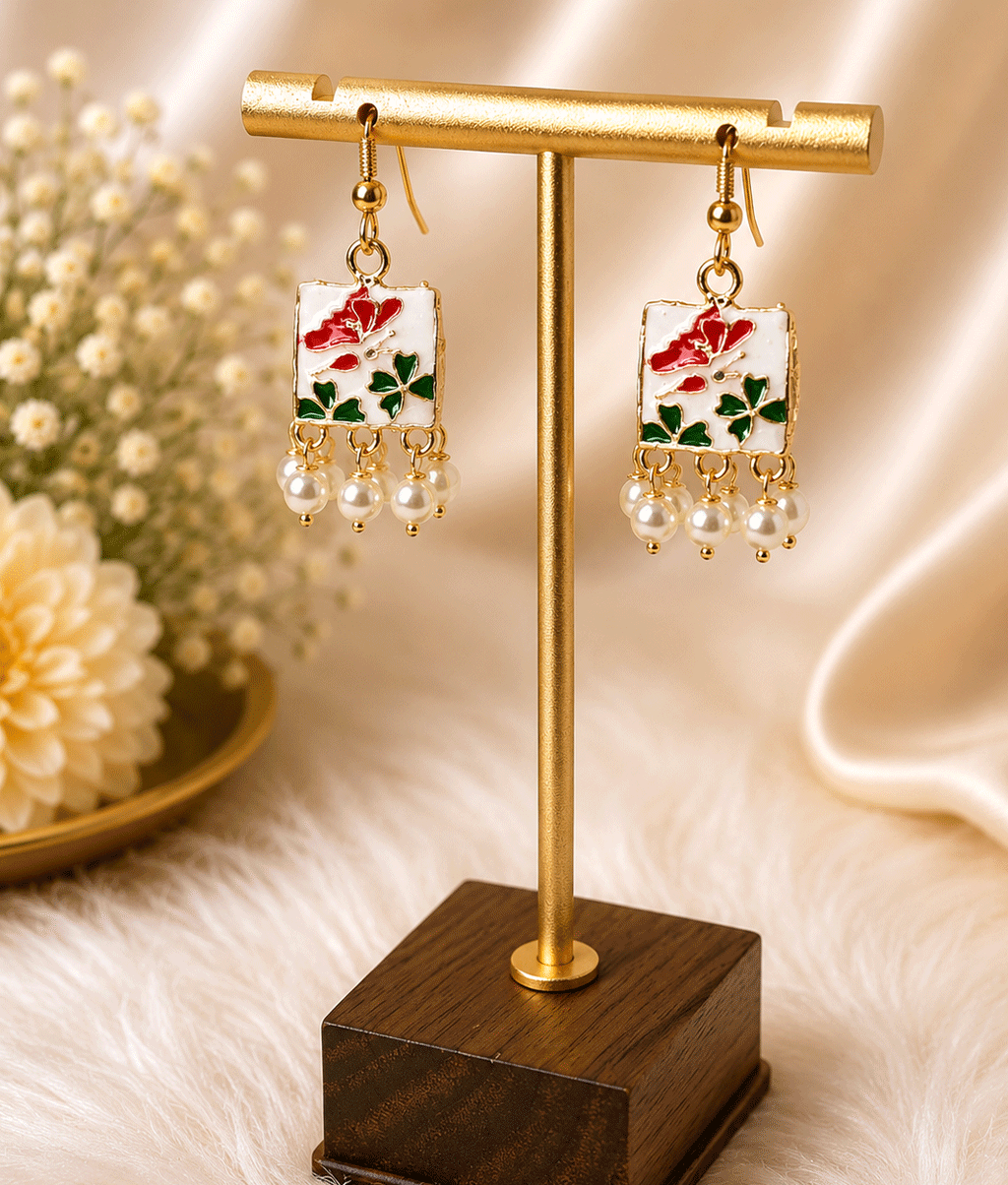 Red Blossom Pearl Charm Earrings