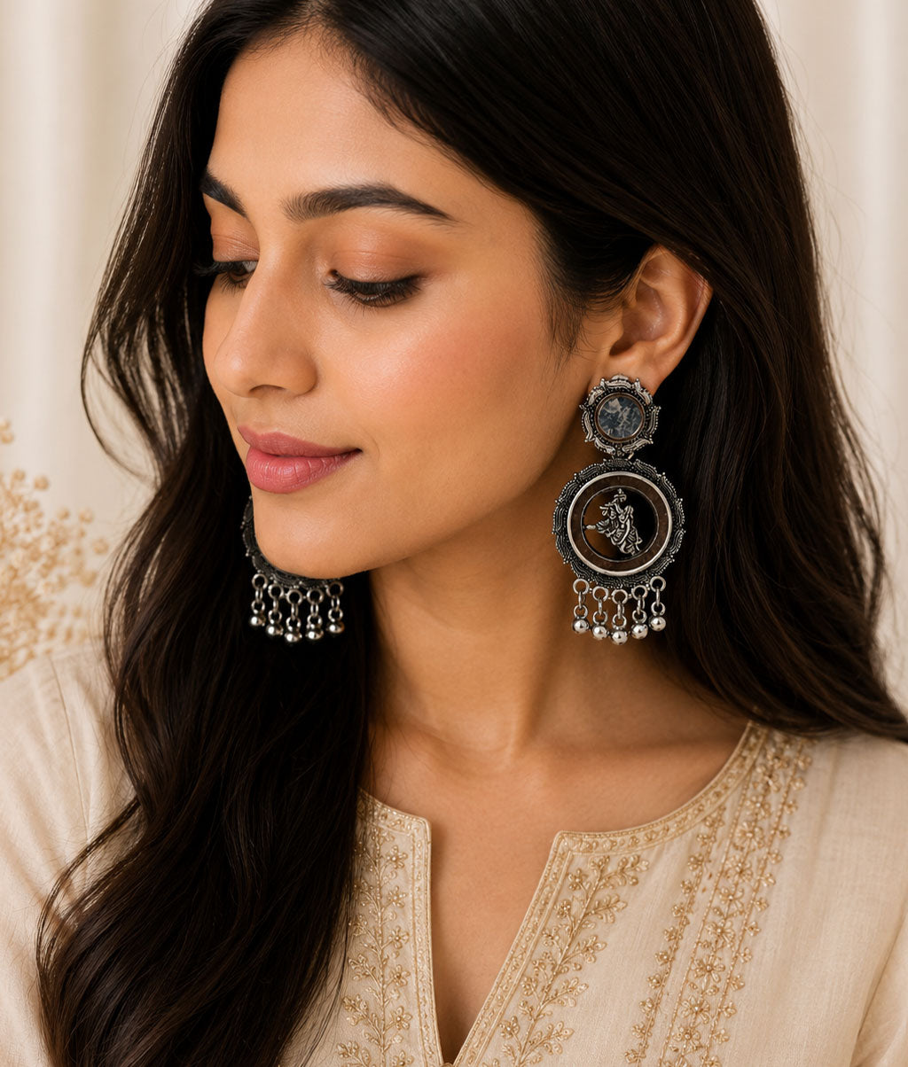 Oxidized Silver Lord Krishna Mirror Work Earrings