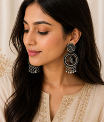 Oxidized Silver Lord Krishna Mirror Work Earrings