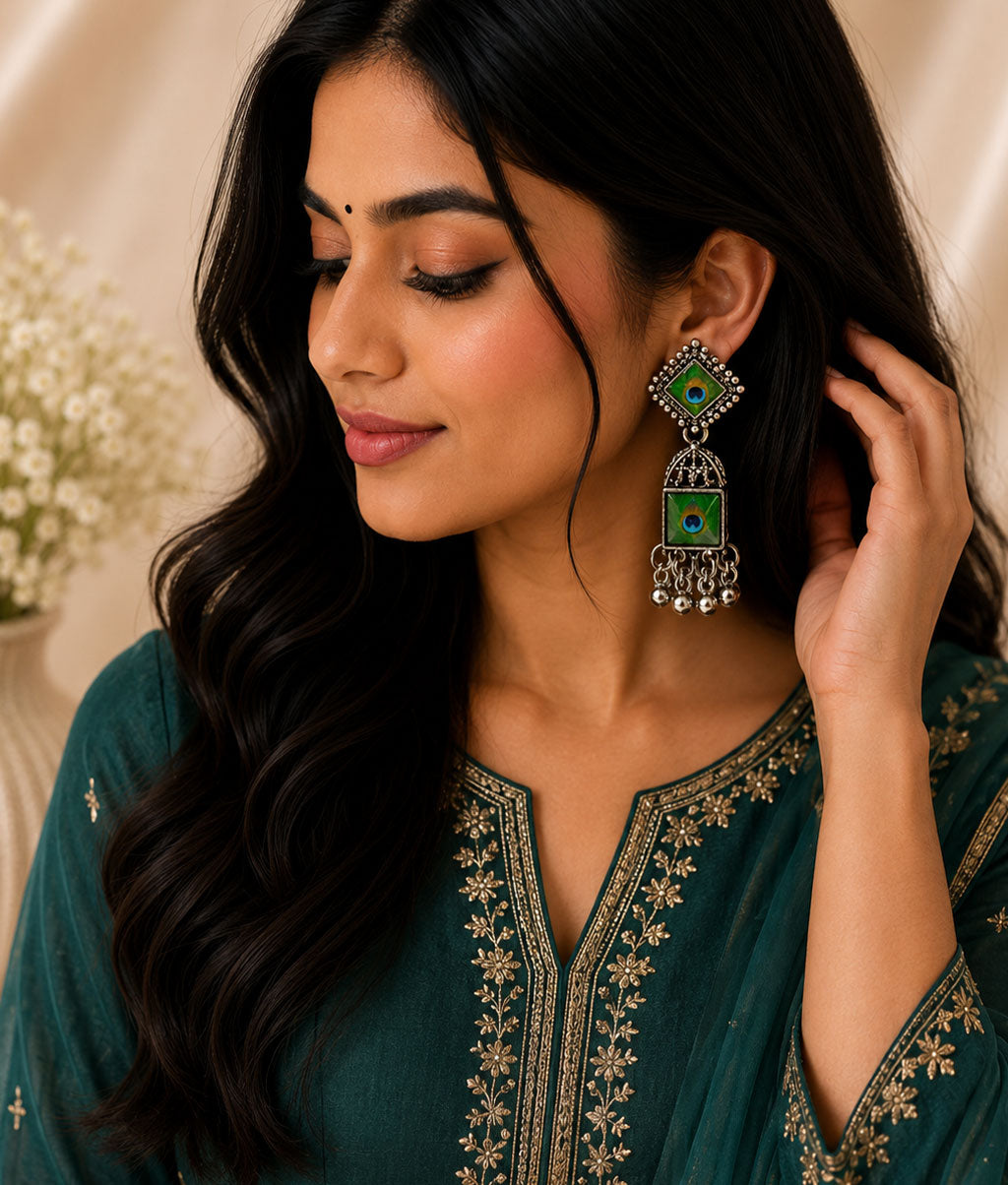 Peacock Plume Jhumka Earrings